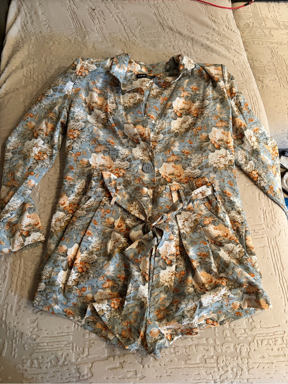 SHEIN Floral set with shorts and jacket in Light Blue and Cream